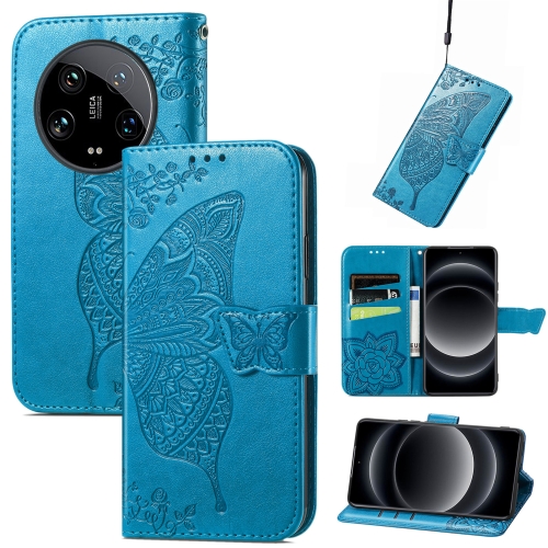 

For Xiaomi 14 Ultra Butterfly Love Flower Embossed Leather Phone Case(Blue)