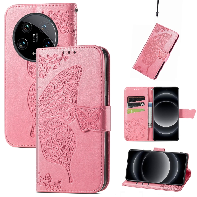 

For Xiaomi 14 Ultra Butterfly Love Flower Embossed Leather Phone Case(Pink)
