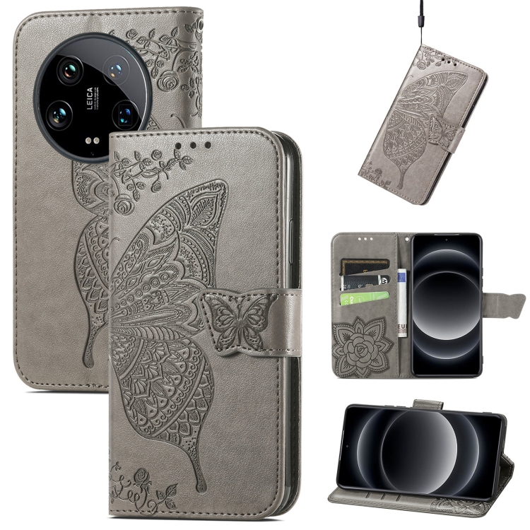

For Xiaomi 14 Ultra Butterfly Love Flower Embossed Leather Phone Case(Grey)