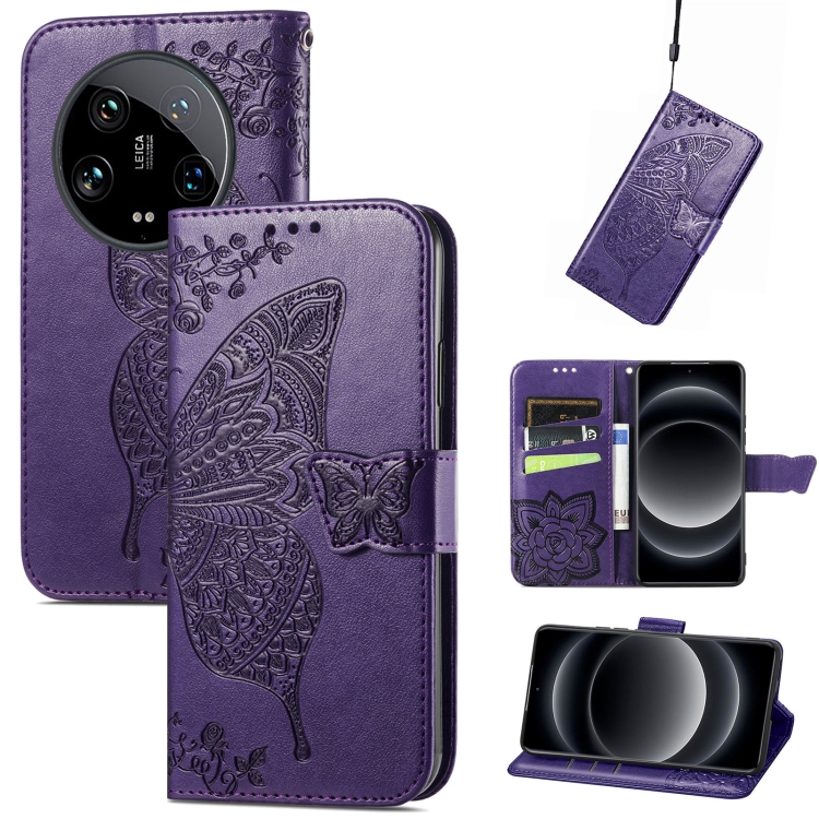 

For Xiaomi 14 Ultra Butterfly Love Flower Embossed Leather Phone Case(Dark Purple)