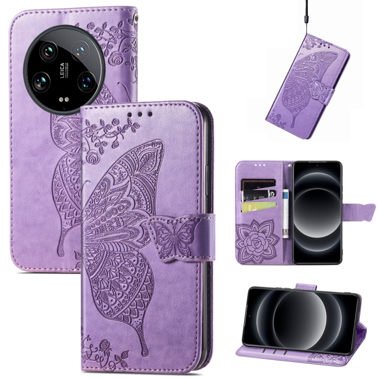 

For Xiaomi 14 Ultra Butterfly Love Flower Embossed Leather Phone Case(Purple)