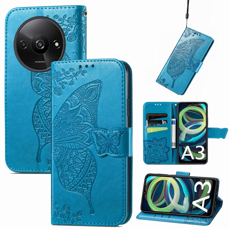 

For Xiaomi Redmi A3 Butterfly Love Flower Embossed Leather Phone Case(Blue)