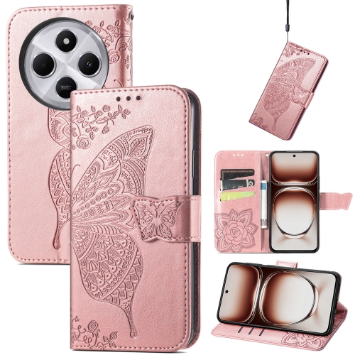 

For Xiaomi Redmi 14C Butterfly Love Flower Embossed Leather Phone Case(Rose Gold)