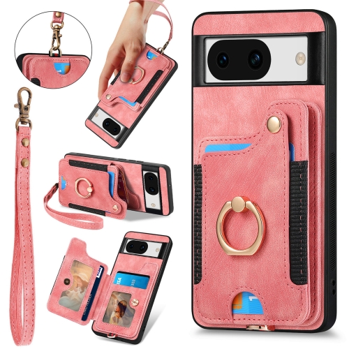 

For Google Pixel 8a Retro Skin-feel Ring Multi-card RFID Wallet Phone Case(Pink)