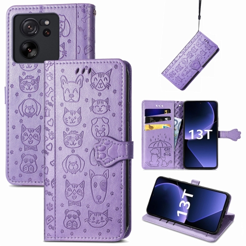 

For Xiaomi 13T / 13T Pro Cat and Dog Embossed Leather Phone Case(Purple)