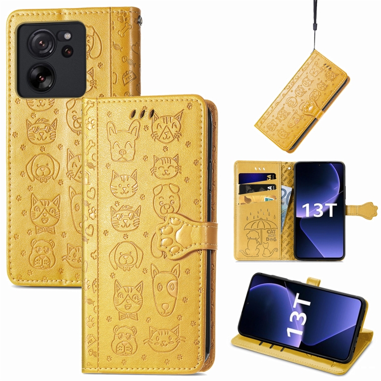 

For Xiaomi 13T / 13T Pro Cat and Dog Embossed Leather Phone Case(Yellow)