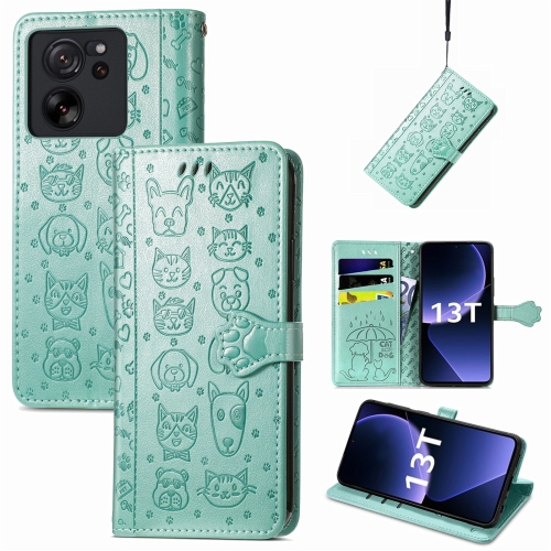 

For Xiaomi 13T / 13T Pro Cat and Dog Embossed Leather Phone Case(Green)