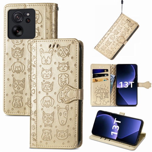 

For Xiaomi 13T / 13T Pro Cat and Dog Embossed Leather Phone Case(Gold)