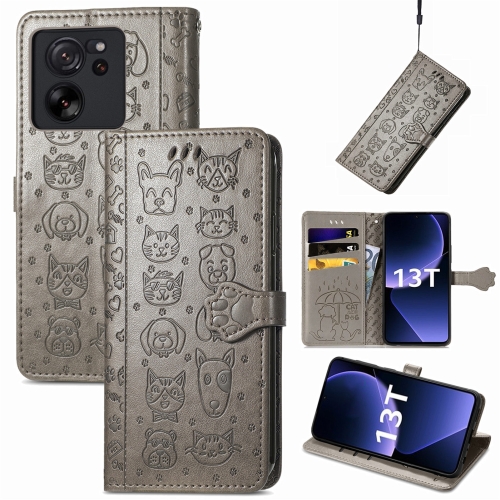 

For Xiaomi Redmi K60 Ultra Cat and Dog Embossed Leather Phone Case(Grey)