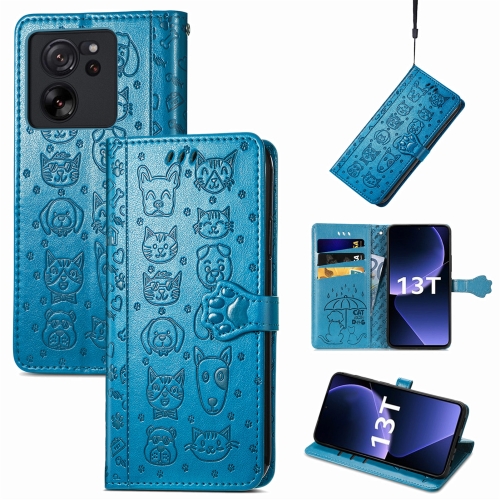 

For Xiaomi Redmi K60 Ultra Cat and Dog Embossed Leather Phone Case(Blue)