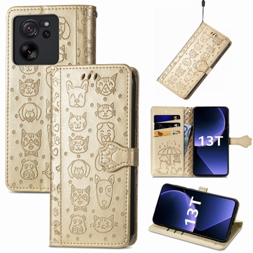 

For Xiaomi Redmi K60 Ultra Cat and Dog Embossed Leather Phone Case(Gold)