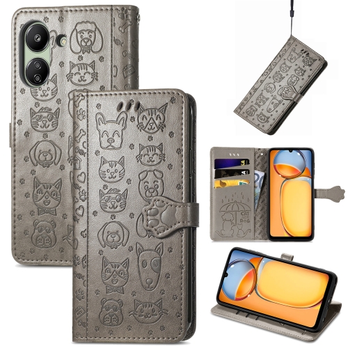 

For Xiaomi Redmi 13C Cat and Dog Embossed Leather Phone Case(Grey)