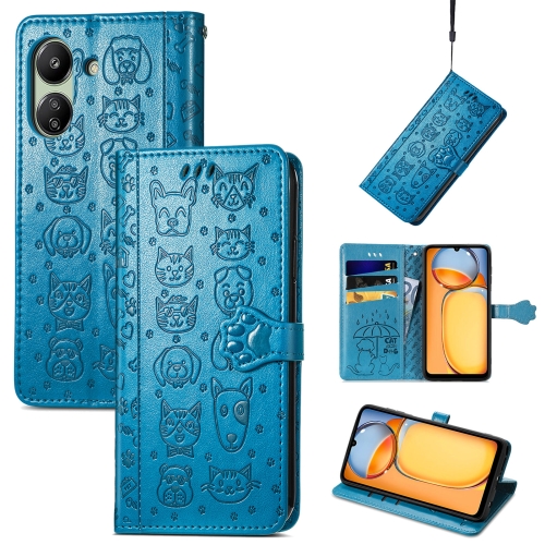 

For Xiaomi Redmi 13C Cat and Dog Embossed Leather Phone Case(Blue)