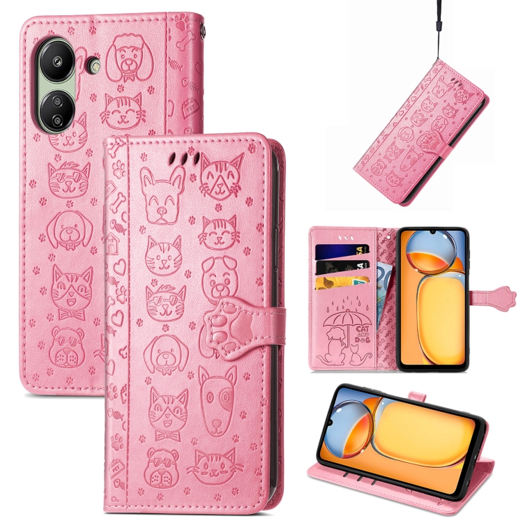 

For Xiaomi Redmi 13C Cat and Dog Embossed Leather Phone Case(Pink)
