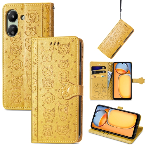 

For Xiaomi Redmi 13C Cat and Dog Embossed Leather Phone Case(Yellow)