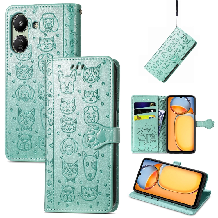 

For Xiaomi Redmi 13C Cat and Dog Embossed Leather Phone Case(Green)