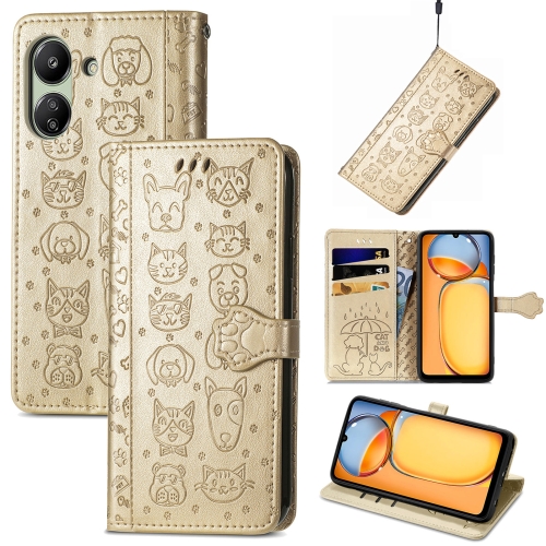 

For Xiaomi Redmi 13C Cat and Dog Embossed Leather Phone Case(Gold)