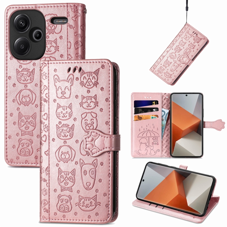 

For Xiaomi Redmi Note 13 Pro+ Cat and Dog Embossed Leather Phone Case(Rose Gold)