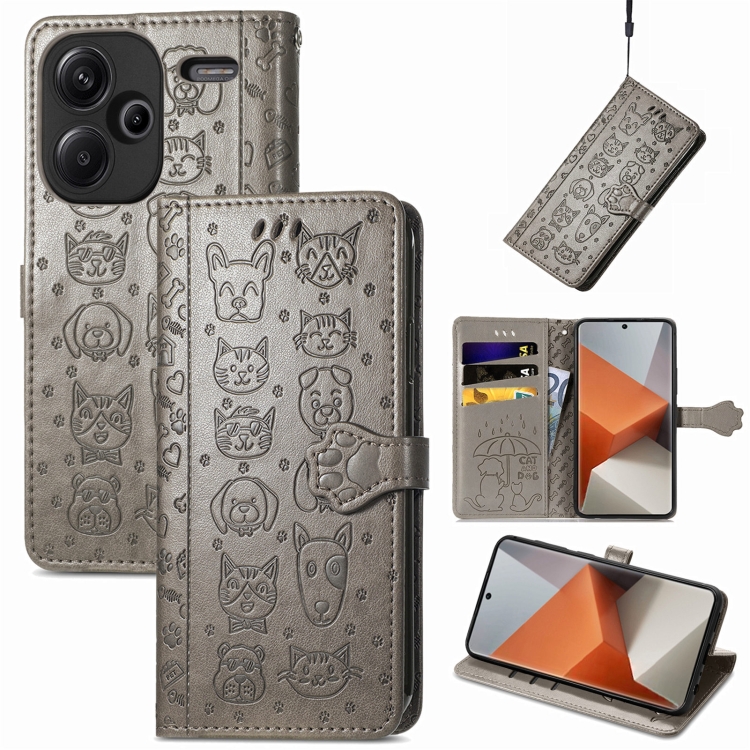 

For Xiaomi Redmi Note 13 Pro+ Cat and Dog Embossed Leather Phone Case(Grey)