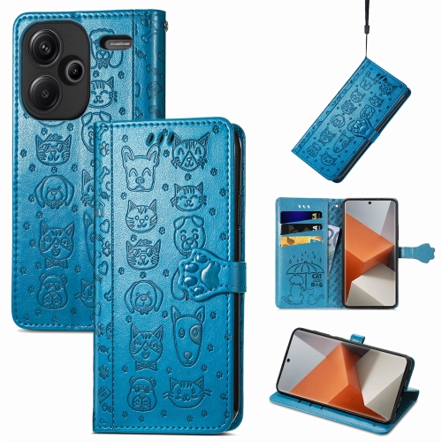 

For Xiaomi Redmi Note 13 Pro+ Cat and Dog Embossed Leather Phone Case(Blue)