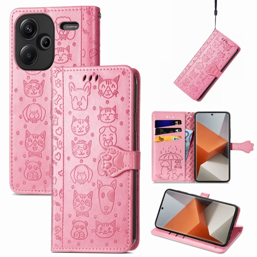 

For Xiaomi Redmi Note 13 Pro+ Cat and Dog Embossed Leather Phone Case(Pink)