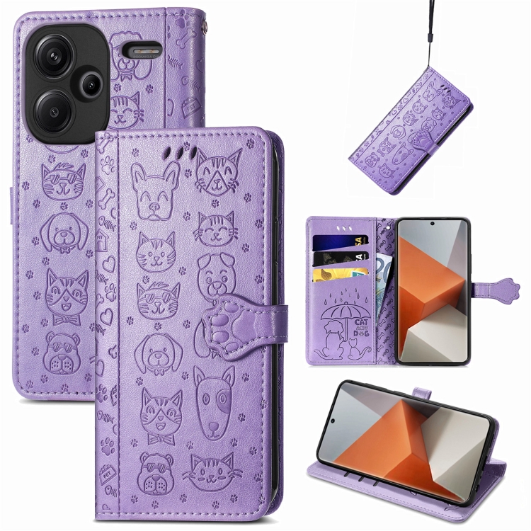 

For Xiaomi Redmi Note 13 Pro+ Cat and Dog Embossed Leather Phone Case(Purple)
