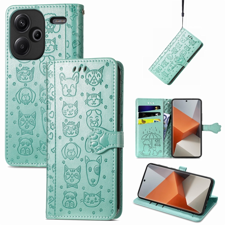 

For Xiaomi Redmi Note 13 Pro+ Cat and Dog Embossed Leather Phone Case(Green)