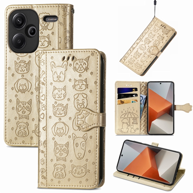 

For Xiaomi Redmi Note 13 Pro+ Cat and Dog Embossed Leather Phone Case(Gold)