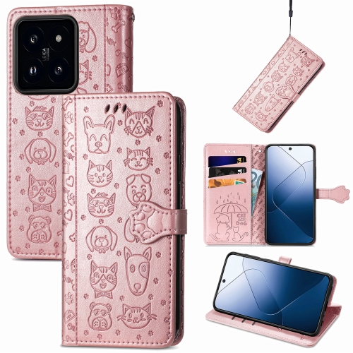

For Xiaomi 14 Pro Cat and Dog Embossed Leather Phone Case(Rose Gold)