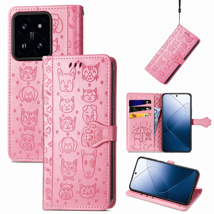 

For Xiaomi 14 Pro Cat and Dog Embossed Leather Phone Case(Pink)