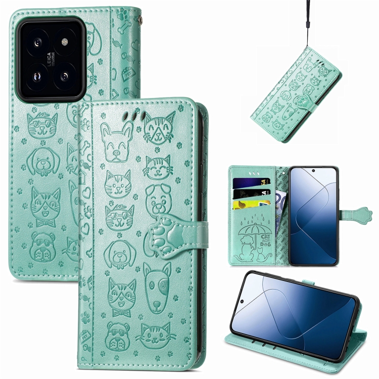 

For Xiaomi 14 Pro Cat and Dog Embossed Leather Phone Case(Green)