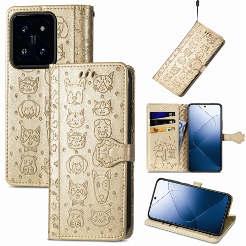 

For Xiaomi 14 Pro Cat and Dog Embossed Leather Phone Case(Gold)