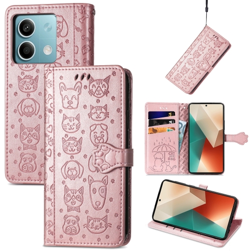 

For Xiaomi Redmi Note 13 Cat and Dog Embossed Leather Phone Case(Rose Gold)