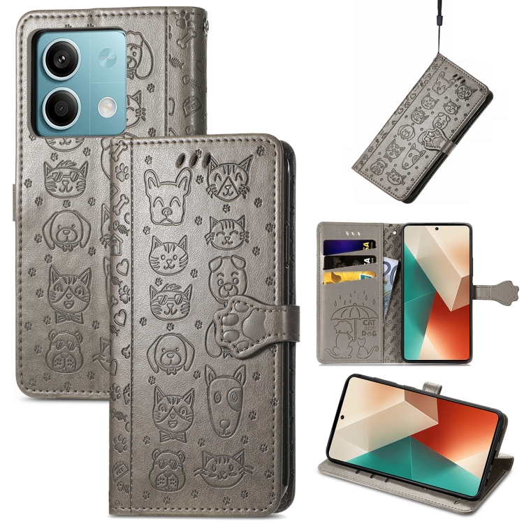 

For Xiaomi Redmi Note 13 Cat and Dog Embossed Leather Phone Case(Grey)