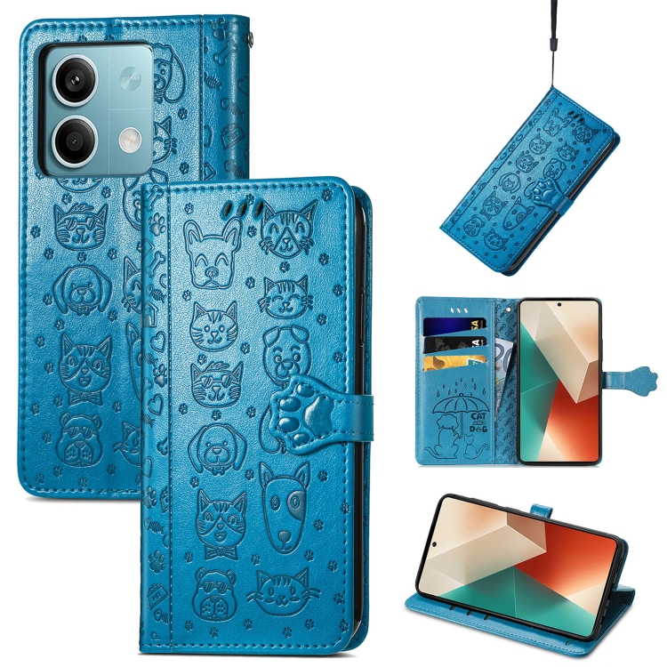 

For Xiaomi Redmi Note 13 Cat and Dog Embossed Leather Phone Case(Blue)