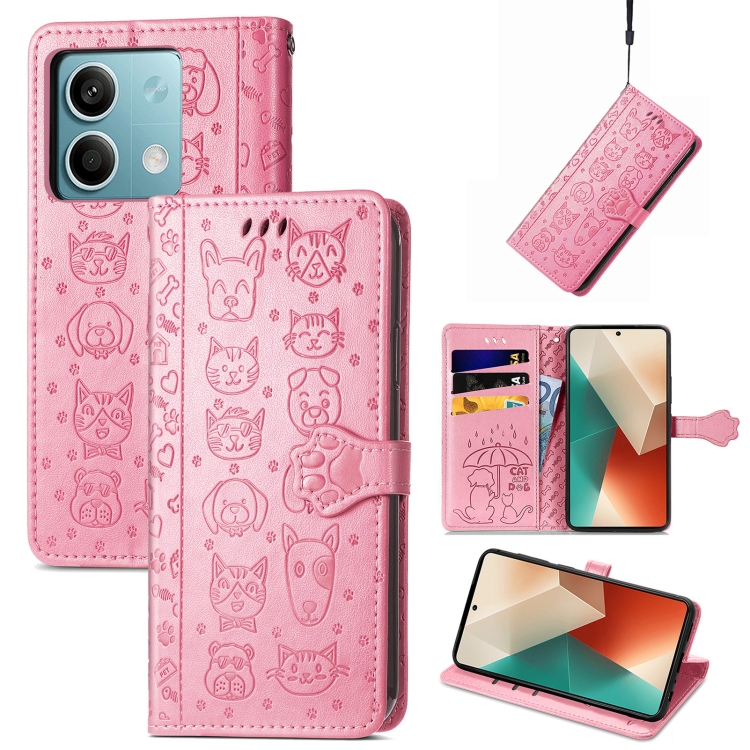 

For Xiaomi Redmi Note 13 Cat and Dog Embossed Leather Phone Case(Pink)