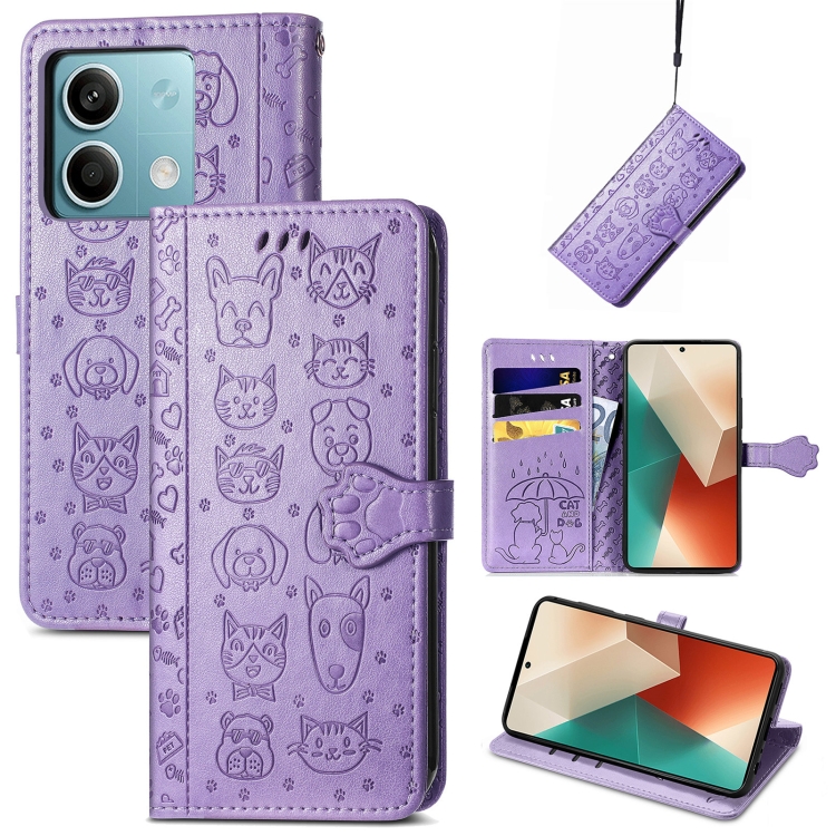 

For Xiaomi Redmi Note 13 Cat and Dog Embossed Leather Phone Case(Purple)