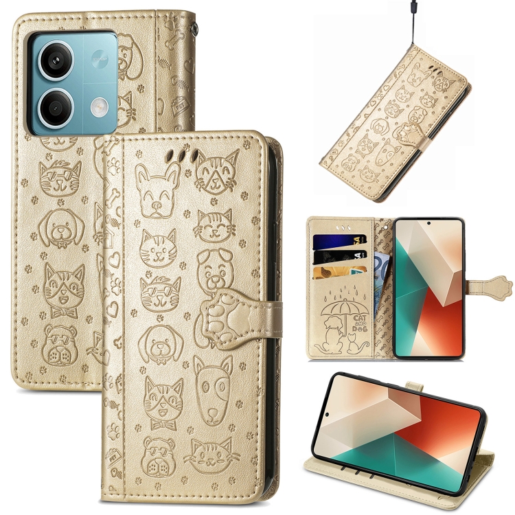 

For Xiaomi Redmi Note 13 Cat and Dog Embossed Leather Phone Case(Gold)