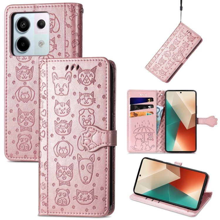 

For Xiaomi Redmi Note 13 Pro Cat and Dog Embossed Leather Phone Case(Rose Gold)