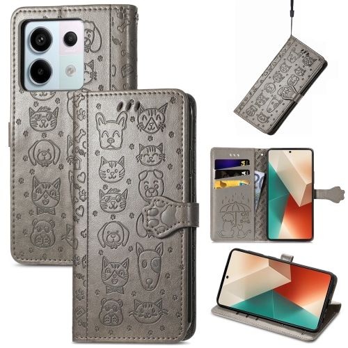 

For Xiaomi Redmi Note 13 Pro Cat and Dog Embossed Leather Phone Case(Grey)