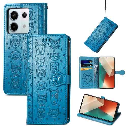 

For Xiaomi Redmi Note 13 Pro Cat and Dog Embossed Leather Phone Case(Blue)