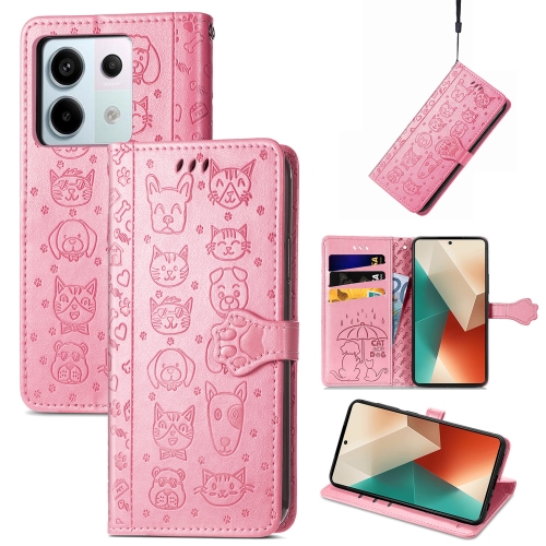 

For Xiaomi Redmi Note 13 Pro Cat and Dog Embossed Leather Phone Case(Pink)