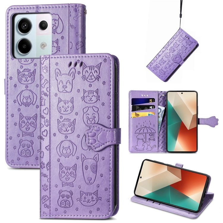

For Xiaomi Redmi Note 13 Pro Cat and Dog Embossed Leather Phone Case(Purple)