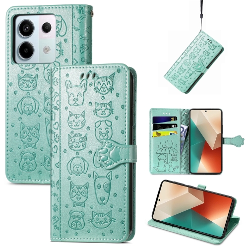 

For Xiaomi Redmi Note 13 Pro Cat and Dog Embossed Leather Phone Case(Green)