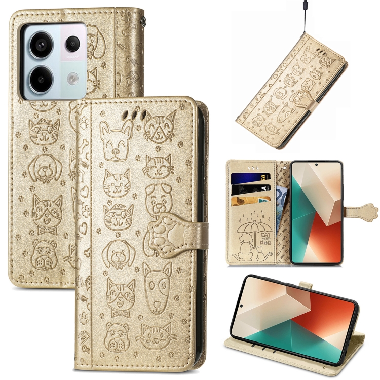

For Xiaomi Redmi Note 13 Pro Cat and Dog Embossed Leather Phone Case(Gold)