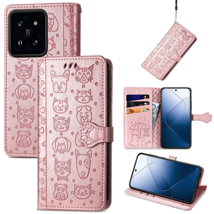 

For Xiaomi 14 Cat and Dog Embossed Leather Phone Case(Rose Gold)
