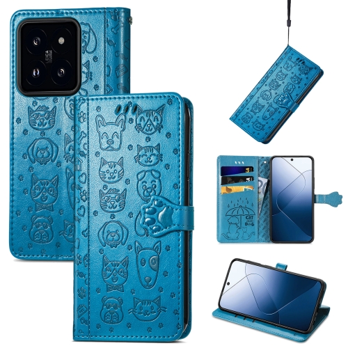 

For Xiaomi 14 Cat and Dog Embossed Leather Phone Case(Blue)