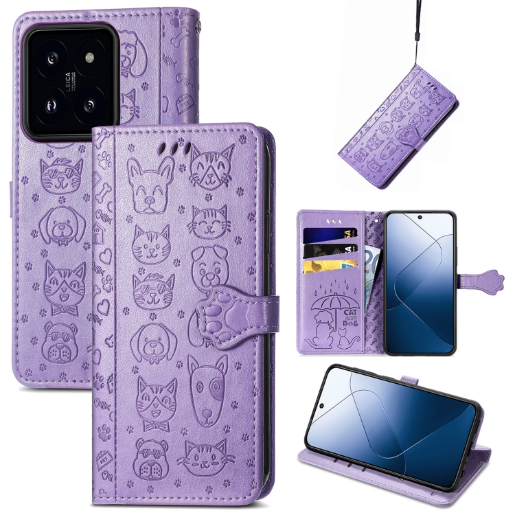 

For Xiaomi 14 Cat and Dog Embossed Leather Phone Case(Purple)
