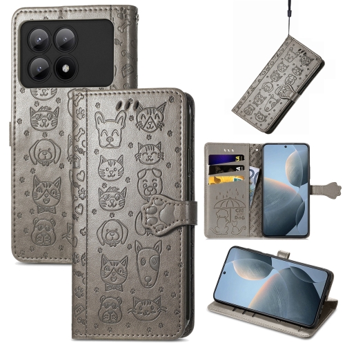 

For Xiaomi Redmi K70E Cat and Dog Embossed Leather Phone Case(Grey)