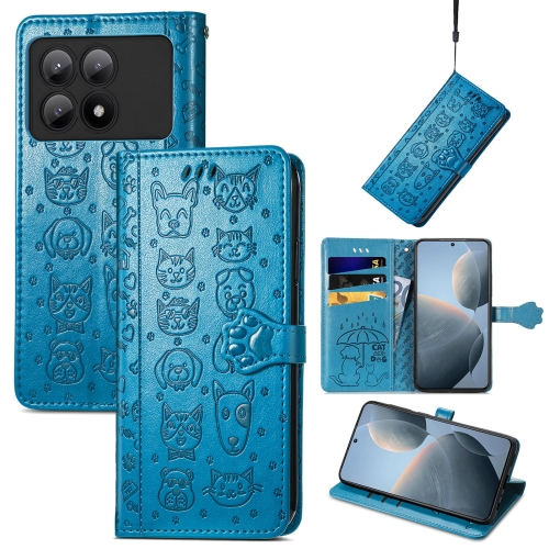 

For Xiaomi Redmi K70E Cat and Dog Embossed Leather Phone Case(Blue)